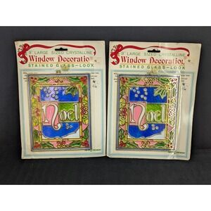2 VTG New Design Stained Glass Style Plastic Window Christmas Decoration 9" NOEL